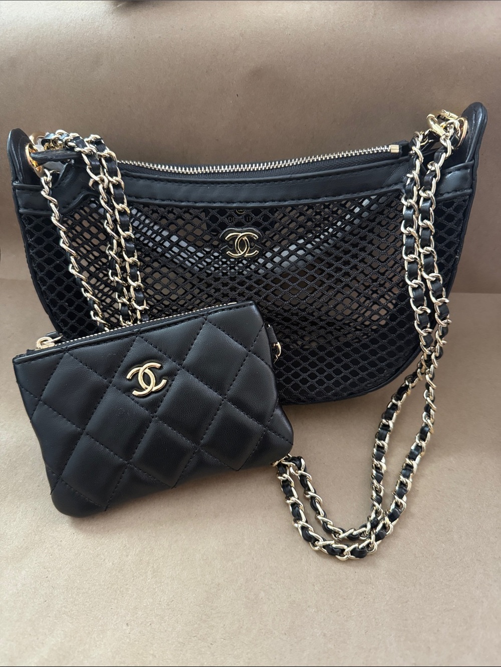 GWP Black Mesh Cosmetic Bag with Gold Hardware